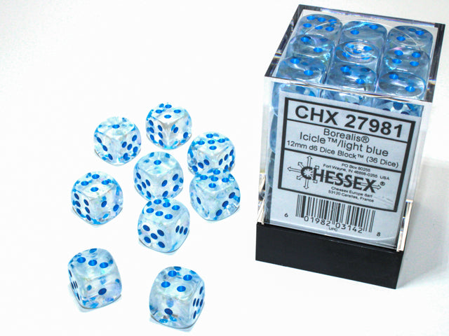 Chessex: 12mm d6cube: Borealis Luminary: Icicle/Light Blue