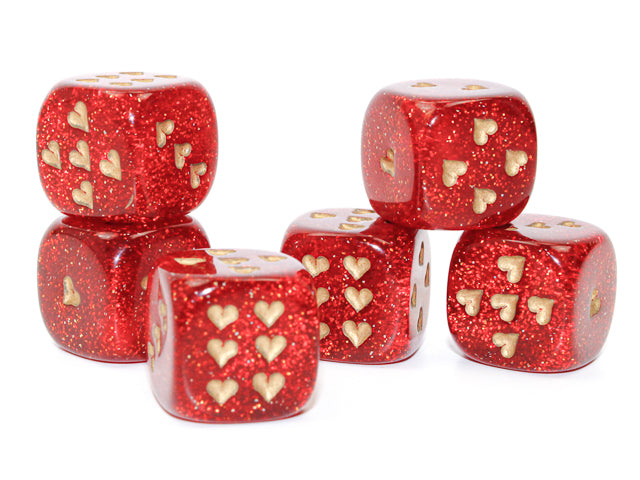 Chessex: Single 16mm d6: Glitter Ruby/gold heart pips