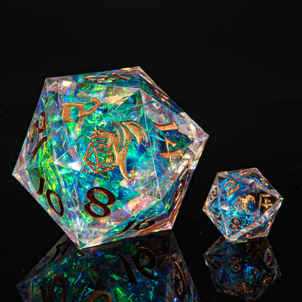 HymGho Dice: Sharp Edged Resin 55mm D20: Opal w/ Copper Ink