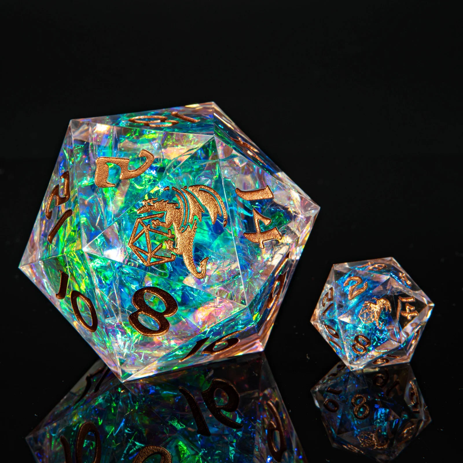 HymGho Dice: Sharp Edged Resin 55mm D20: Opal w/ Copper Ink