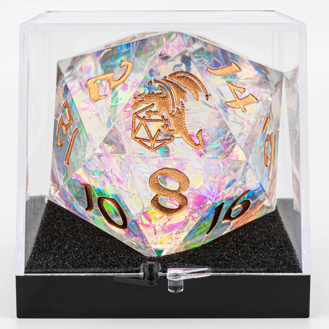 HymGho Dice: Sharp Edged Resin 55mm D20: Opal w/ Copper Ink