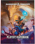 Cover of the D&D 5E Player's Handbook, featuring illustrated characters from the game, including a dragon and fantasy creatures, with a predominantly purple and magical aesthetic.