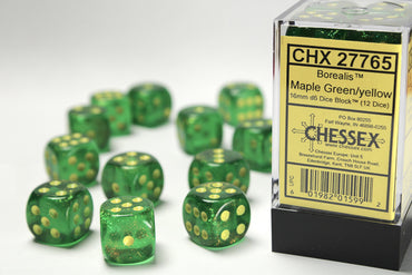 Chessex: 16mm d6cube: Borealis: MapleGreen/Yellow